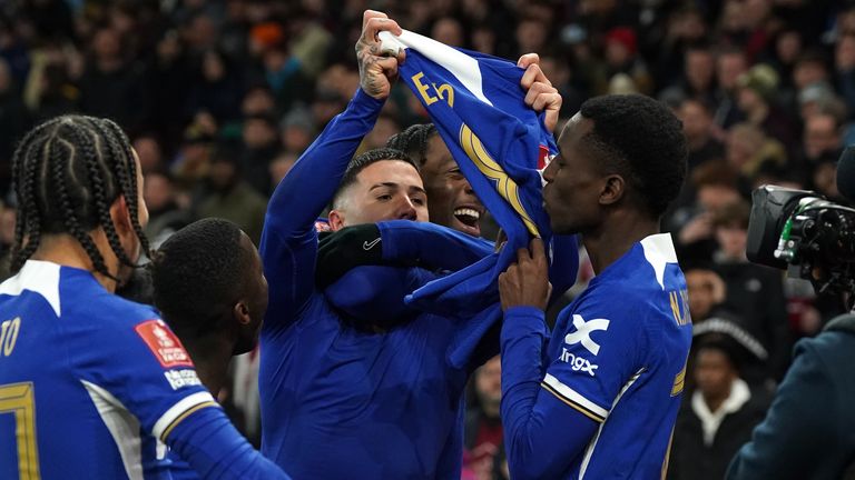 Chelsea's Enzo Fernandez celebrates scoring vs Aston Villa