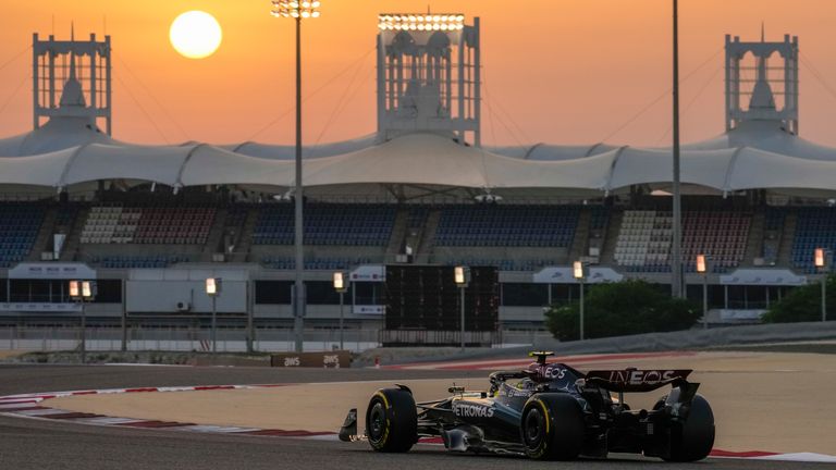 Mercedes driver Lewis Hamilton of Britain steers his car for a Formula One pre season test at the Bahrain International Circuit in Sakhir, Bahrain, Thursday, Feb. 22, 2024. 