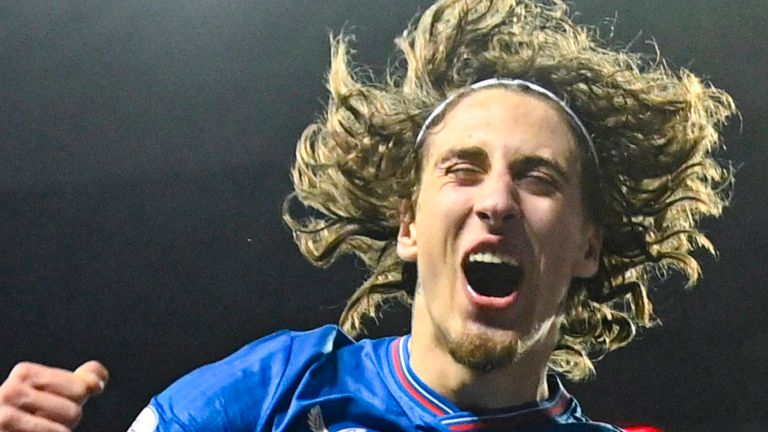 GLASGOW, SCOTLAND - FEBRUARY 10: Rangers' Fabio Silva celebrates as he scores to make it 2-0 during a Scottish Cup Fifth Round match between Rangers and Ayr United at Ibrox Stadium, on February 10, 2024, in Glasgow, Scotland. (Photo by Rob Casey / SNS Group)
