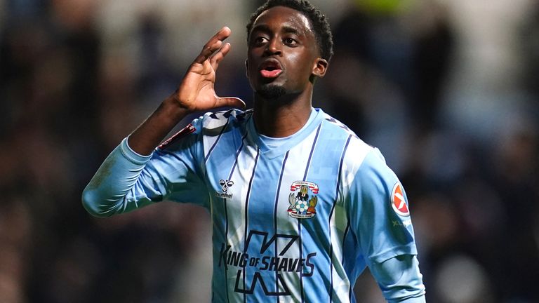 Coventry City's Fabio Tavares celebrates scoring their side's fourth goal of the game during the Emirates FA Cup fifth round match at the Coventry Building Society Arena, Coventry. Picture date: Monday February 26, 2024.