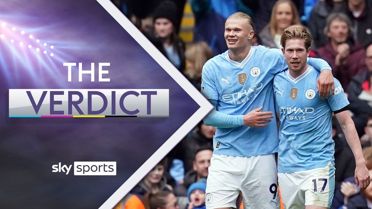 Manchester City's Erling Haaland celebrates scoring his sides second goal with Kevin De Bruyne during the Premier League match at the Etihad Stadium, Manchester. Picture date: Saturday February 10, 2024.
