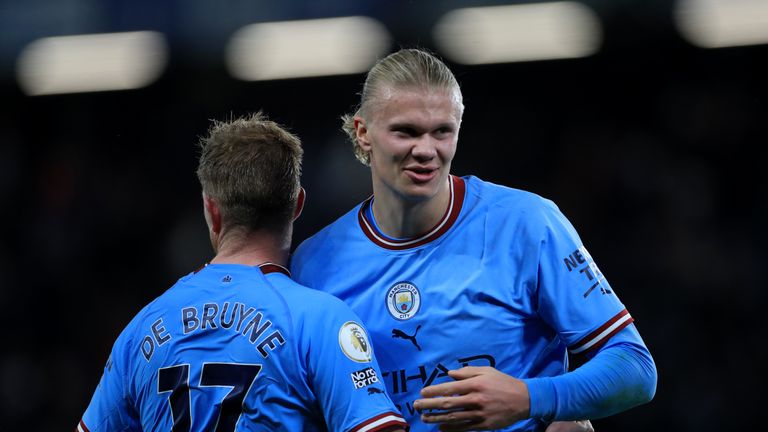 File photo dated 05-01-2023 of Manchester City's Erling Haaland (right), who is still out but Kevin De Bruyne is ready to start for Manchester City at Newcastle on Saturday, manager Pep Guardiola has said. Issue date: Friday January 12, 2024.
