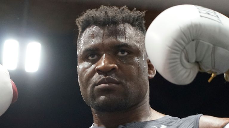 LAS VEGAS, NV - SEPTEMBER 26: Francis Ngannou at the Tyson Fury vs. Francis Ngannou open workout on September 26, 2023, at Ngannou's private gym in Las Vegas, NV. (Photo by Amy Kaplan/Icon Sportswire) (Icon Sportswire via AP Images)