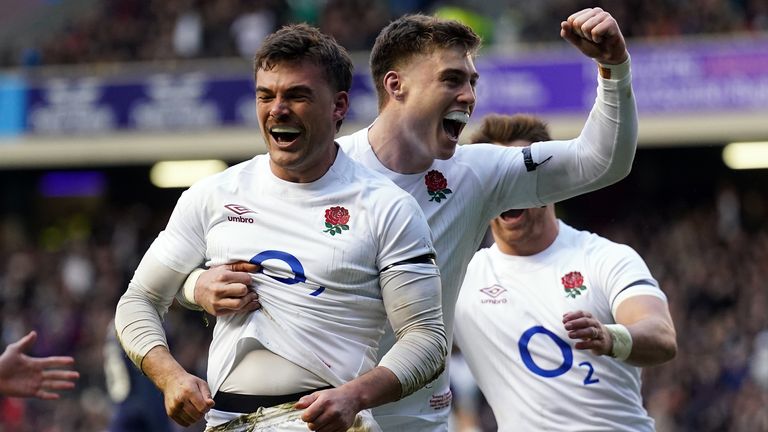 England's George Furbank celebrates scoring their first try with team-mates