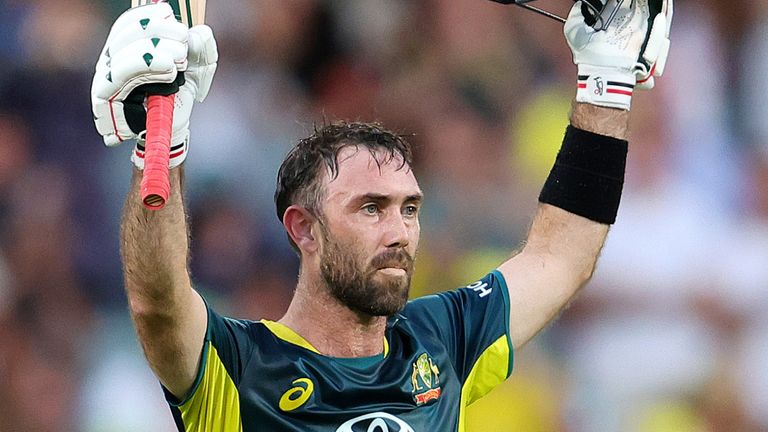 Glenn Maxwell celebrates making a record-equalling fifth T20 century for Australia, against West Indies (Getty Images)