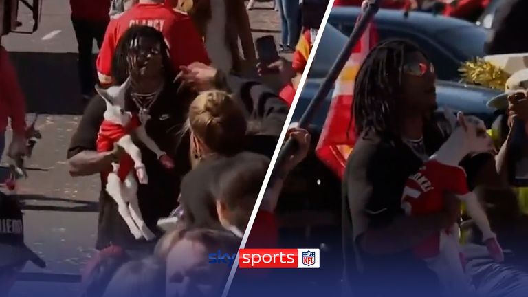 Mahomes the GOAT? | Pacheco carries goat with Mahomes jersey at Kansas parade