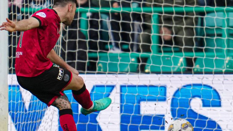 EDINBURGH, SCOTLAND - FEBRUARY 03: St Mirren's Greg Kiltie scores from the spot to make it 2-0 during a cinch Premiership match between Hibernian and St Mirren at Easter Road Stadium, on February 03, 2024, in Edinburgh, Scotland. (Photo by Simon Wootton / SNS Group)