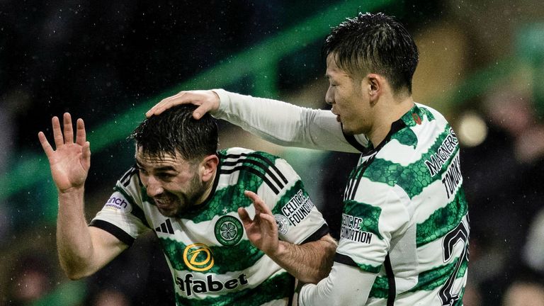 Celtic's Greg Taylor and Tomoki Iwata celebrate going 6-0 up vs Dundee