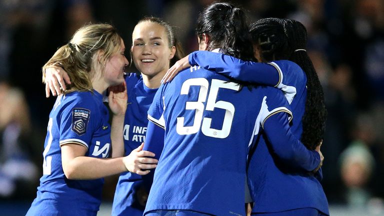 Chelsea's Guro Reiten celebrates scoring her second goal of the game from the penalty spot vs Everton