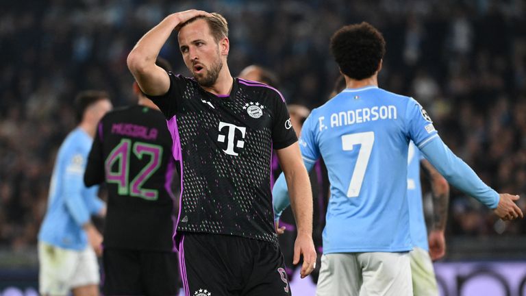 Bayern Munich's Harry Kane reacts during the UEFA Champions League last-16 first leg vs Lazio