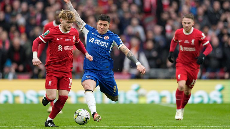 Liverpool's Harvey Elliott challenges for the ball with Chelsea's Enzo Fernandez (AP)