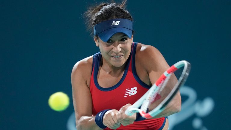 Heather Watson of Britain returns the ball to Cristina Bucsa of Spain during a match of the Mubadala Abu Dhabi Open tennis tournament, in Abu Dhabi, United Arab Emirates, Thursday, Feb. 8, 2024. (AP Photo/Kamran Jebreili)