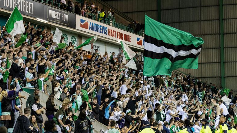 EDINBURGH, SCOTLAND - AUGUST 10: Hibs fans during a UEFA Conference League Third Qualifying Round match between Hibernian and FC Luzern at Easter Road, on August 10, 2023, in Edinburgh, Scotland.  (Photo by Ross Parker / SNS Group)