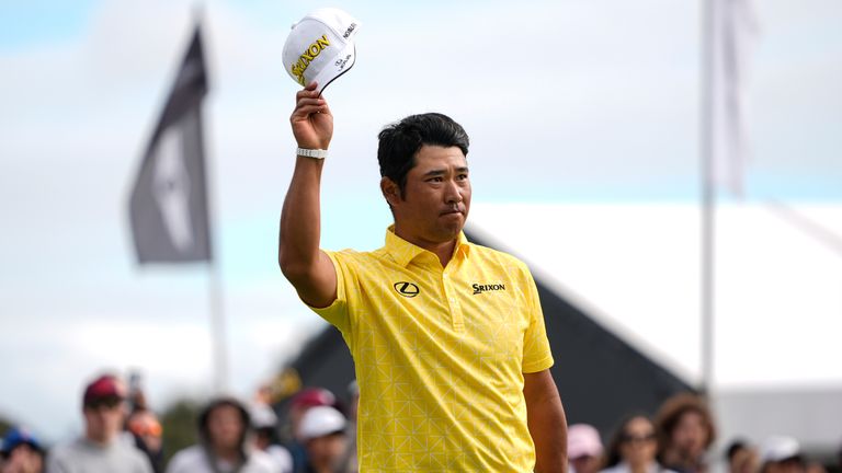 Hideki Matsuyama, of Japan, celebrates his victory on the 18th green during the final round of the Genesis Invitational golf tournament at Riviera Country Club, Sunday, Feb. 18, 2024, in the Pacific Palisades area of ​​Los Angeles.  (AP Photo/Ryan Sun)