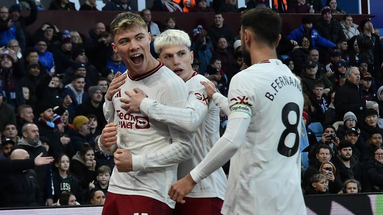 Manchester United&#39;s Rasmus Hojlund, left celebrates with Manchester United&#39;s Alejandro Garnacho, centre, after scoring his side&#39;s opening goal during the English Premier League soccer match between Aston Villa and Manchester United at the Villa Park stadium in Birmingham, England, Sunday, Feb. 11, 2024.