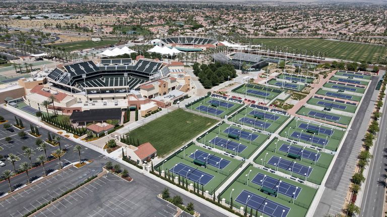 Indian Wells Tennis Garden amid the global coronavirus COVID-19 pandemic, Saturday, May 17, 2020, in Indian Wells, Calif. The IWTG contains 29 tennis courts, including a 16,100-seat Stadium 1, 11 match courts, six practice courts, and two Har-Tru clay courts on 88 acres (360,000 m). Stadium 1 is the second largest tennis-specific stadium in the world. (Kirby Lee via AP)