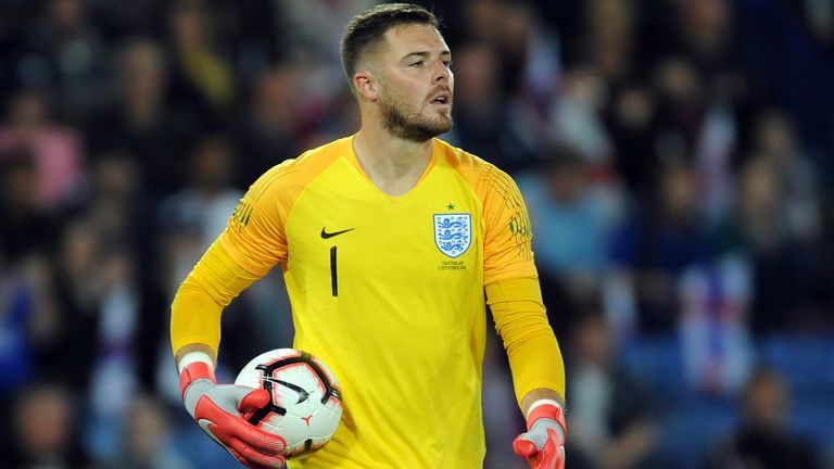 Jack Butland in action during his last England appearance against Switzerland in September 2018
