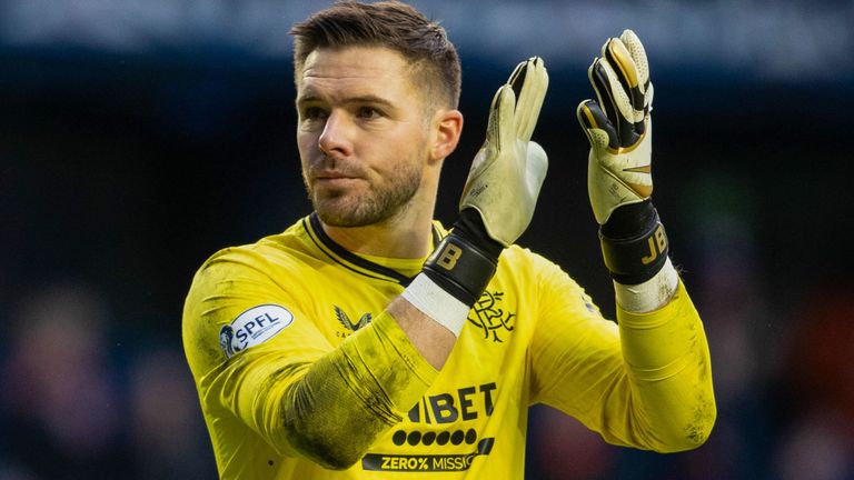 GLASGOW, SCOTLAND - FEBRUARY 24: Rangers&#39; Jack Butland at full time during a cinch Premiership match between Rangers and Heart of Midlothian at Ibrox Stadium, on February 24, 2024, in Glasgow, Scotland. (Photo by Alan Harvey / SNS Group)