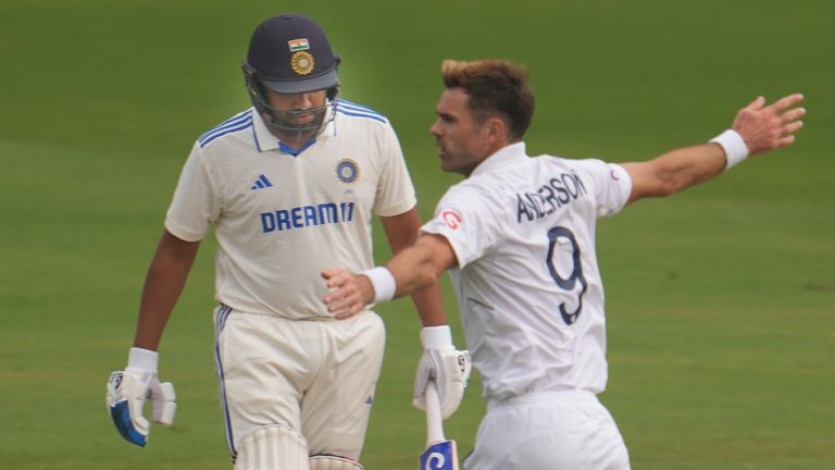 England's James Anderson celebrates the wicket of India's captain Rohit Sharma