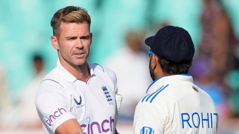 England's James Anderson congratulates India's captain Rohit Sharma (Associated Press)