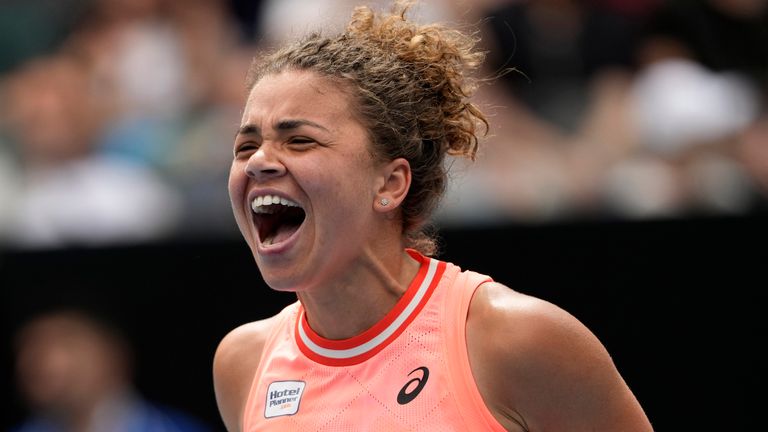 Jasmine Paolini of Italy celebrates after defeating Anna Blinkova of Russia in their third round match at the Australian Open tennis championships at Melbourne Park, Melbourne, Australia, Saturday, Jan. 20, 2024. (AP Photo/Alessandra Tarantino)