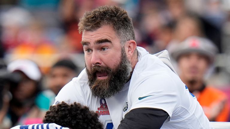 NFC center Jason Kelce, of the Eagles, right, is pushed on the sled by NFC tackle Tristan Wirfs, of the Buccaneers, during the skills competition event at the Pro Bowl