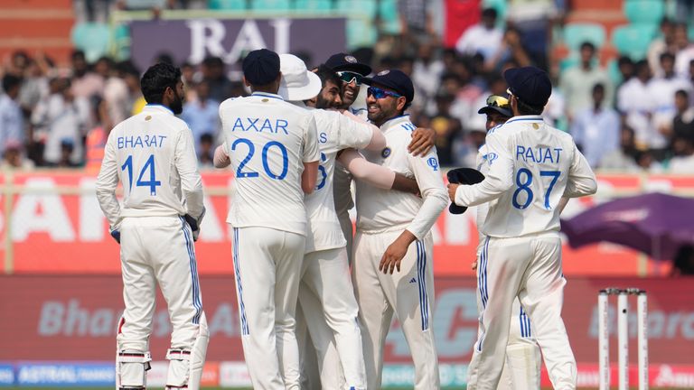 India's Jasprit Bumrah celebrates the wicket of England's wicketkeeper Ben Foakes after taking his catch on the fourth day of the second cricket test match between India and England in Visakhapatnam