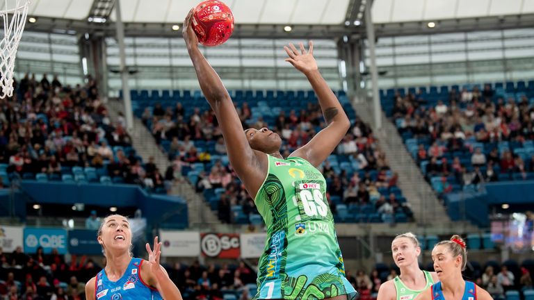 SYDNEY, AUSTRALIA - JUNE 05: Jhaniele Fowler of West Coast Fever catches the ball during the Suncorp Super Netball match between the NSW Swifts and West Coast Fever on June 05, 2022 at Ken Rosewall Arena in Sydney, Australia. (Photo by Steven Markham/Icon Sportswire) (Icon Sportswire via AP Images)