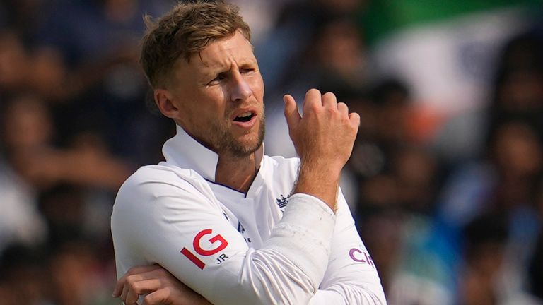 England's Joe Root reacts after bowling on the first day of the second cricket test match between India and England in Visakhapatnam, India, Friday, Feb. 2, 2024. (AP Photo/Manish Swarup)