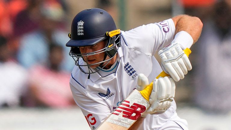 England's Joe Root plays a shot during the first day of their first test cricket match against India in Hyderabad, India, Thursday, Jan. 25, 2024. (AP Photo/Mahesh Kumar A.)
