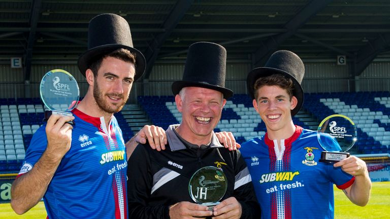 11/09/14.CALEDONIAN STADIUM - INVERNESS.A clean sweep for ICT as Manager John Hughes (centre) is named SPFL Manager of the Month with Ross Draper (left) and Ryan Christie scooping Player and Young Player of the Month respectfully.