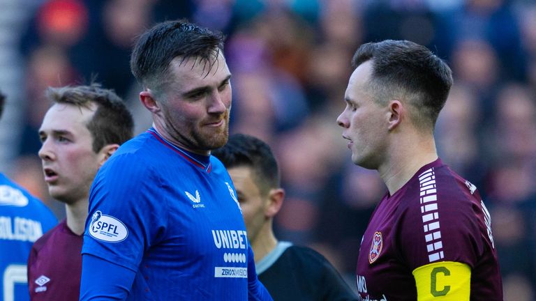 GLASGOW, SCOTLAND - FEBRUARY 24: Rangers' John Souttar speaks to Lawrence Shankland during a cinch Premiership match between Rangers and Heart of Midlothian at Ibrox Stadium, on February 24, 2024, in Glasgow, Scotland. (Photo by Craig Foy / SNS Group)