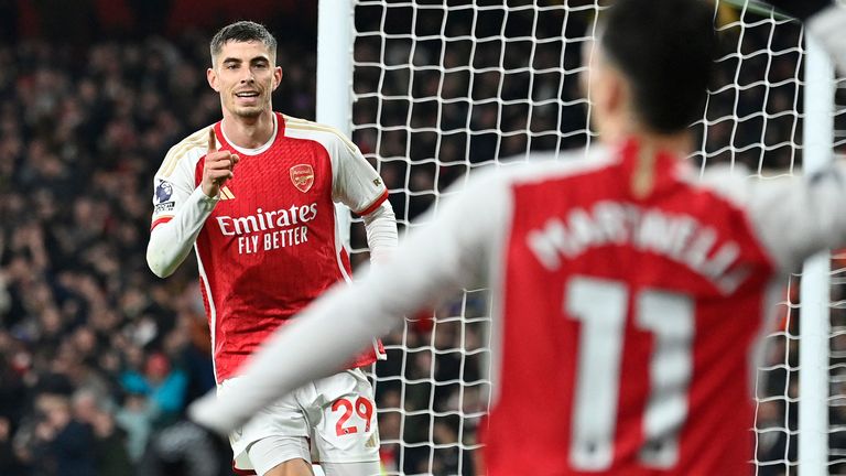 Kai Havertz celebrates after putting Arsenal 2-0 up at the Emirates
