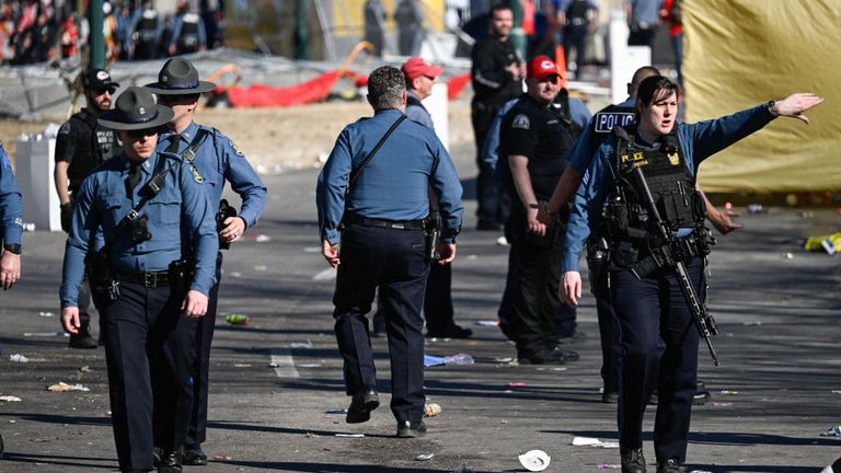 Police respond after shots were reportedly fired near the Kansas City Chiefs' Super Bowl LVIII victory parade on February 14, 2024, in Kansas City, Missouri. (Photo by ANDREW CABALLERO-REYNOLDS / AFP)