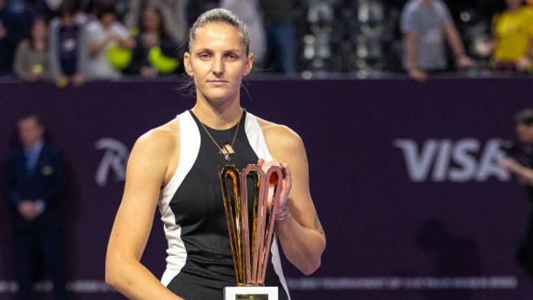 Karolina Pliskova of Czech Republic with her champion trophy after final game against Ana Bogdan of Romania during WTA250 Transylvania Open on February 11, 2024 in BTarena in Cluj-Napoca, Romania. (Photo by Horvath Tamas/Getty Images)