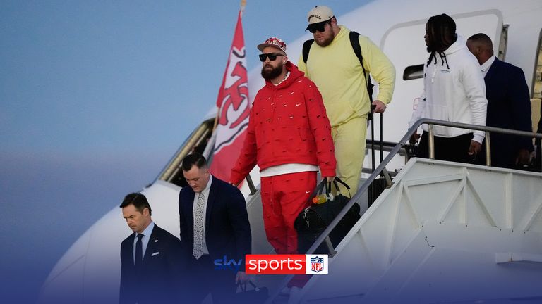 Kansas City Chiefs tight end Travis Kelce arrives ahead of the NFL Super Bowl 58