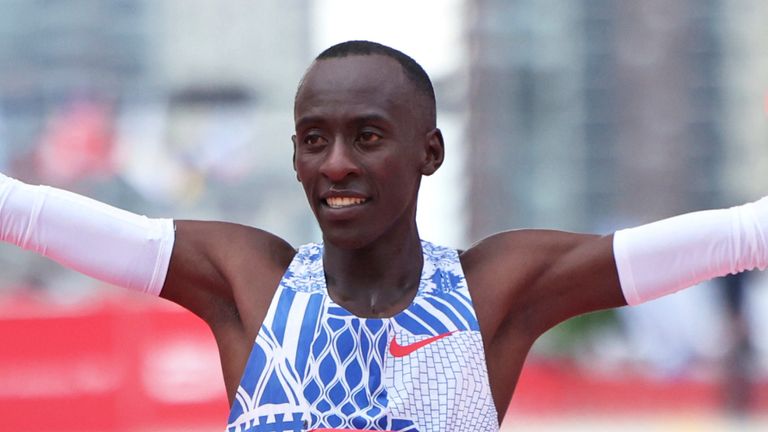 FILE - Kelvin Kiptum celebrates his Chicago Marathon world record victory in Chicago's Grant Park on Sunday, Oct. 8, 2023. Kiptum was killed along with his coach in a car crash in Kenya late Sunday, Feb. 11, 2024. (Eileen T. Meslar /Chicago Tribune via AP)