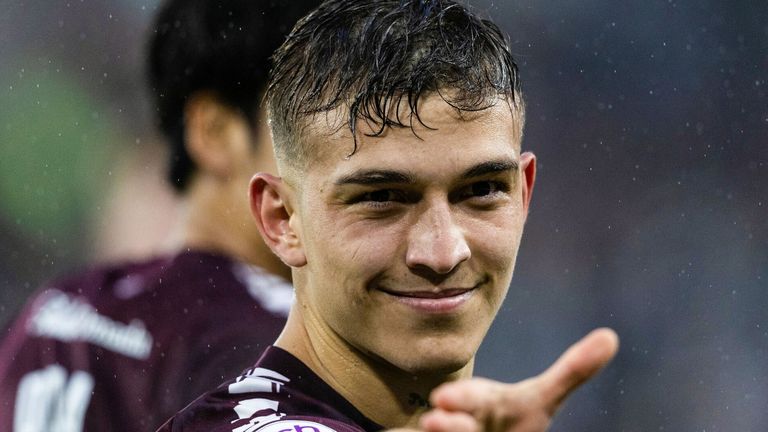 EDINBURGH, SCOTLAND - FEBRUARY 17: Hearts' Kenneth Vargas celebrates after scoring to make it 2-0 during a cinch Premiership match between Heart of Midlothian and Motherwell at Tynecastle Park, on February 17, 2024, in Edinburgh, Scotland. (Photo by Mark Scates / SNS Group)