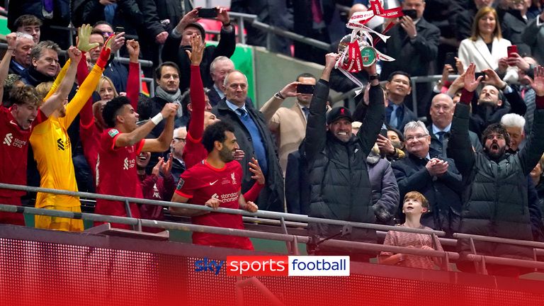 Liverpool manager Jurgen Klopp lifts the trophy as he celebrates winning the Carabao Cup