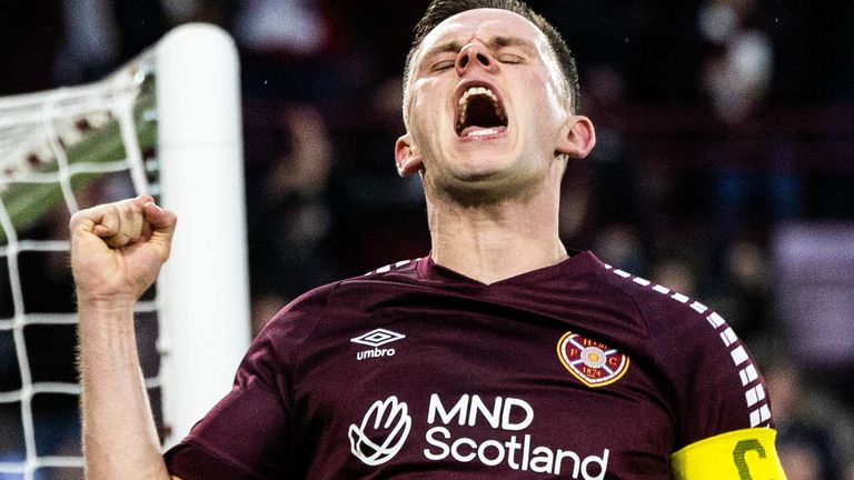 EDINBURGH, SCOTLAND - FEBRUARY 17: Hearts' Lawrence Shankland celebrates after scoring to make it 1-0 during a cinch Premiership match between Heart of Midlothian and Motherwell at Tynecastle Park, on February 17, 2024, in Edinburgh, Scotland. (Photo by Mark Scates / SNS Group)