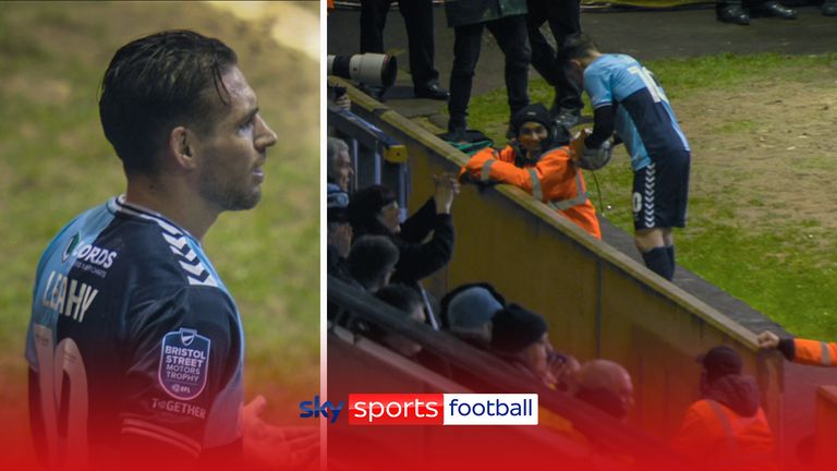 Wycombe's Luke Leahy booked for drying ball on steward's jacket!