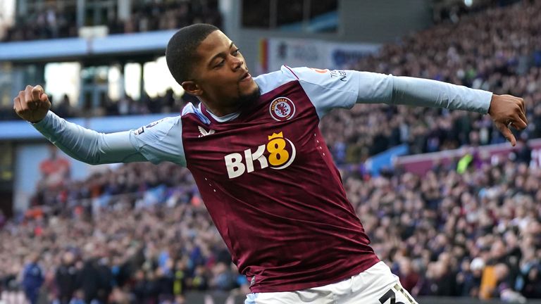 Leon Bailey celebrates scoring Villa's fourth goal