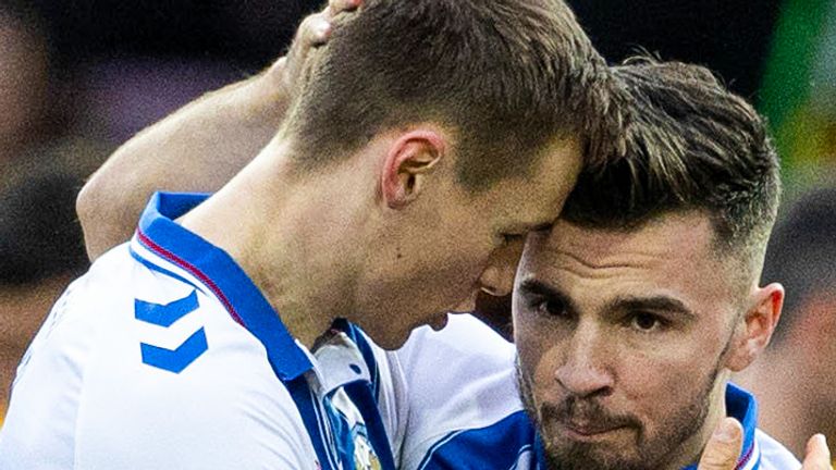 MOTHERWELL, SCOTLAND - FEBRUARY 03: Kilmarnock's Lewis Mayo celebrates with Daniel Armstrong as he scores to make it 1-0 during a cinch Premiership match between Motherwell and Kilmarnock at Fir Park, on February 03, 2024, in Motherwell, Scotland. (Photo by Mark Scates / SNS Group)