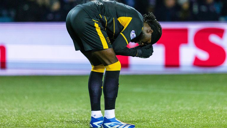 KILMARNOCK, SCOTLAND - FEBRUARY 07: Livingston's Ayo Obileye looks dejected during a cinch Premiership match between Kilmarnock and Livingston at Rugby Park, on February 07, 2024, in Kilmarnock, Scotland. (Photo by Ross Parker / SNS Group)