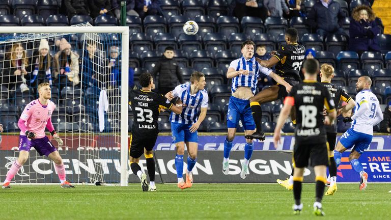 KILMARNOCK, SCOTLAND - FEBRUARY 07: Livingston's Michael nottingham goes close with a header f during a cinch Premiership match between Kilmarnock and Livingston at Rugby Park, on February 07, 2024, in Kilmarnock, Scotland. (Photo by Ross Parker / SNS Group)