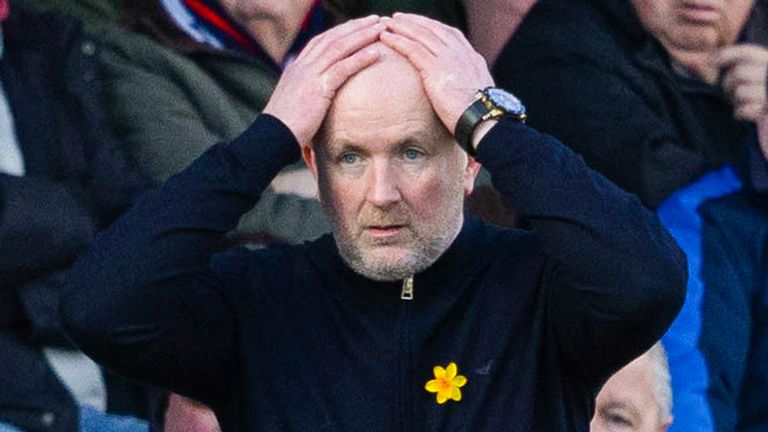 DINGWALL, SCOTLAND - FEBRUARY 24: Livingston manager David Martindale looks dejected during a crucial Premiership match between Ross County and Livingston at the Global Energy Stadium on February 24, 2024 in Dingwall, Scotland.  (Photo by Mark Scates / SNS Group)