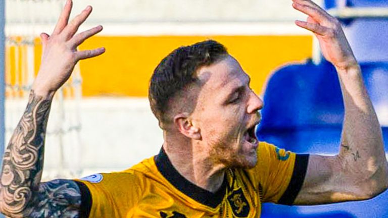 DINGWALL, SCOTLAND - FEBRUARY 24: Livingston's Bruce Anderson celebrates scoring to make it 2-1 during a cinch Premiership match between Ross County and Livingston at the Global Energy Stadium, on February 24, 2024, in Dingwall, Scotland. (Photo by Mark Scates / SNS Group)