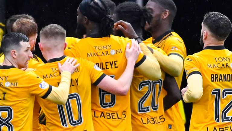 LIVINGSTON, SCOTLAND - FEBRUARY 17: Livingston's Tete Yengi celebrates scoring to make it 1-0 with teammates during a cinch Premiership match between Livingston and St Mirren at the Tony Macaroni Arena, on February 17, 2024, in Livingston, Scotland. (Photo by Rob Casey / SNS Group)
