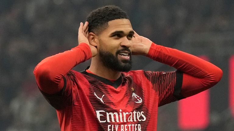 AC Milan's Ruben Loftus-Cheek celebrates after scoring his side's second goal during the Europa League play-off first leg soccer match between AC Milan and Rennes at the San Siro Stadium, in Milan, Italy, Thursday, Feb. 15, 2024. (AP Photo/Antonio Calanni)