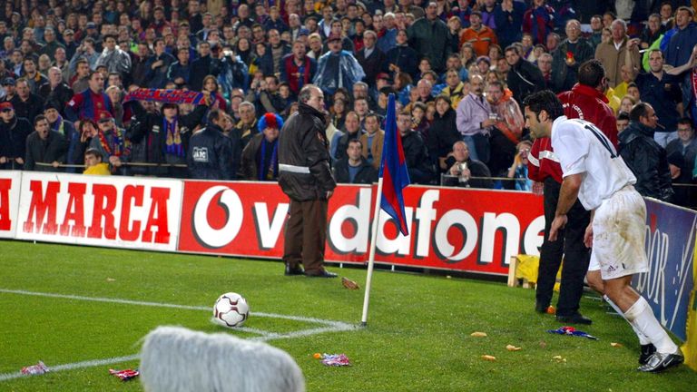 Luis Figo was pelted by missiles, including a pig's head, as he played at the Camp Nou for Real Madrid